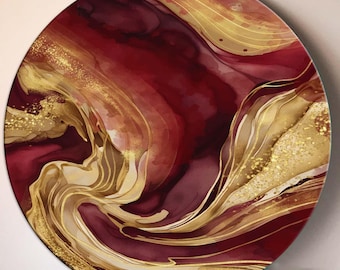 Roodgouden rond glasdecor, abstracte glaskunst, luxe wandpaneel, wervelpatroonkunst, elegante huiskunst, kunst met marmereffect, kunst met rijke kleuren