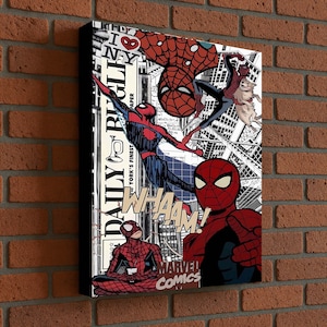 Arte mural de Spiderman, cómic, lienzo de superhéroe, impresión estilo cómic, decoración de pared de Nueva York, Spiderman de arte pop, lienzo de cómic retro