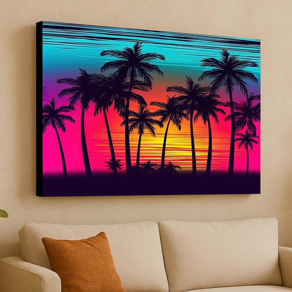 Tropical Wall Art, Palm Tree Canvas, Sunset Beach Print, Colorful Sunset Art, Retro Beach Scene, Palm Silhouette Art, Ocean Sunset Canvas