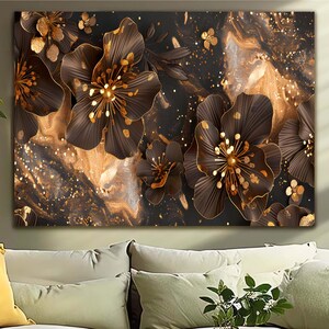 Golden Flower Abstract Tempered Glass Print Wall Art, Tempered Glass Wall Art, Floral Wall Art