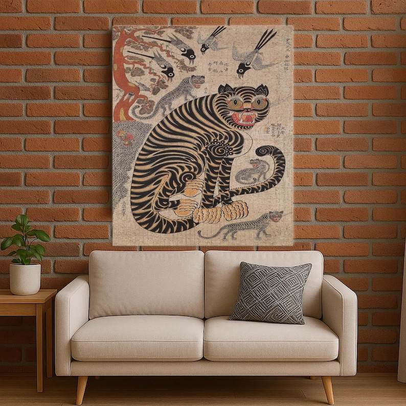 May include: An artistic print featuring a tiger with black stripes, set against a beige background. The tiger is surrounded by birds and other tiger figures. The artwork has a traditional Asian aesthetic.