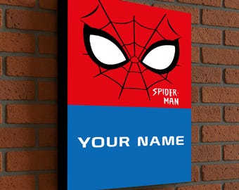 Spiderman kunst aan de muur, aangepast kinderdecor, superheld naam afdrukken, poster held kamer, komische muur canvas, jongens kamer kunst aan de muur, gepersonaliseerde held kunst