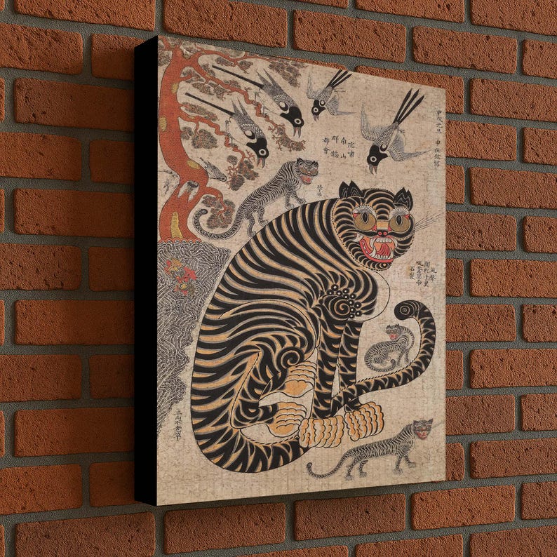 May include: A canvas print featuring a traditional Asian tiger illustration. The tiger is depicted with black stripes and orange accents, surrounded by other animals and a tree. The artwork has a vintage aesthetic.