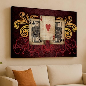 Art mural poker, cartes à jouer vintage, décoration de salle de casino, art mural King Ace, affiche de jeux de hasard, toile pour soirée de jeux, art joker, design de chambre porte-bonheur