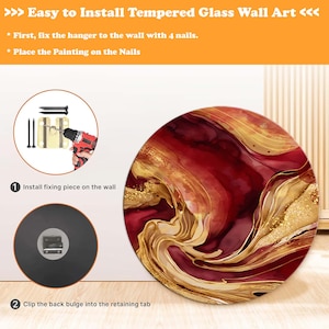 Op de afbeelding: Ronde wandkunst van gehard glas met een wervelend ontwerp in tinten rood, goud en wit. De afbeelding toont het installatieproces, inclusief een hanger, spijkers en een boor. De tekst luidt "Easy to Install Tempered Glass Wall Art."