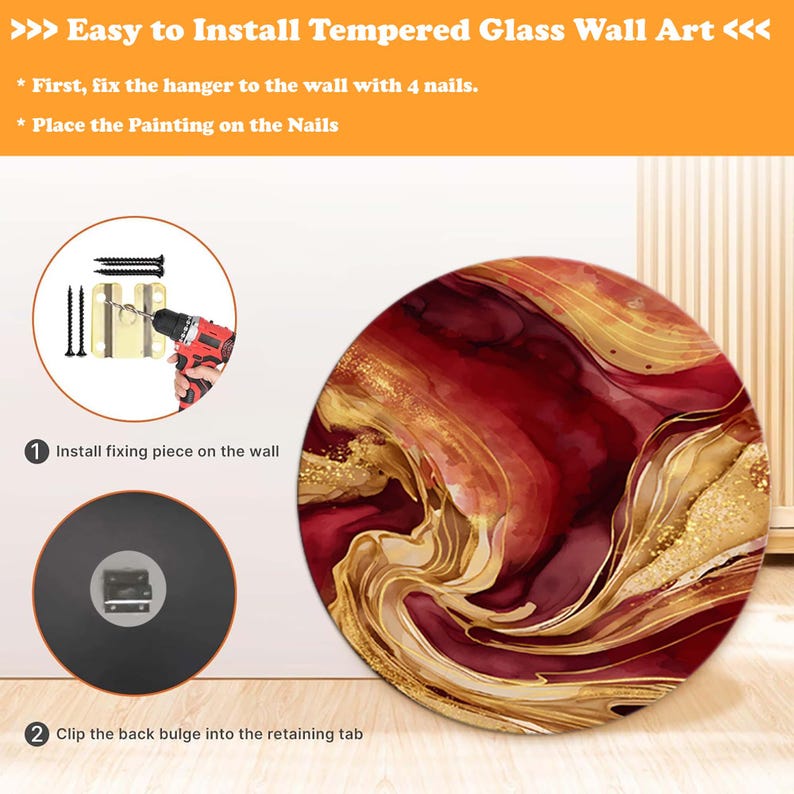 Op de afbeelding: Ronde wandkunst van gehard glas met een wervelend ontwerp in tinten rood, goud en wit. De afbeelding toont het installatieproces, inclusief een hanger, spijkers en een boor. De tekst luidt "Easy to Install Tempered Glass Wall Art."
