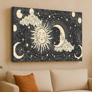 Arte mural de sol y luna, decoración celestial, impresión mística bohemia, póster de fases lunares, arte astrológico, arte mural de brujas, decoración espiritual, lienzo de cielo estrellado