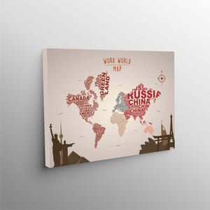 Affiche carte du monde, typographie, carte du monde, art mural minimaliste, décoration de voyage, impression géographie, oeuvre d'art pour le bureau, cadeau d'aventure, décoration de carte