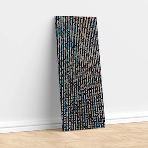 May include: A rectangular canvas print displaying vertical lines of computer code in a variety of colours, including blue, orange, and white, against a black backdrop. The code is arranged in a visually dynamic pattern.