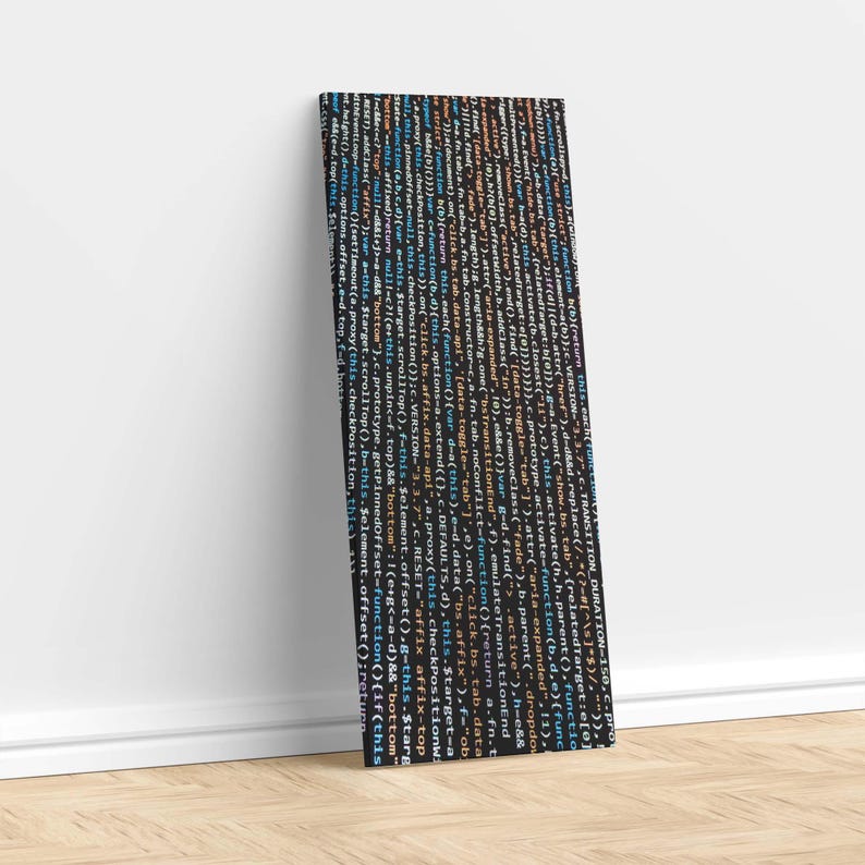 May include: A rectangular canvas print displaying vertical lines of computer code in a variety of colours, including blue, orange, and white, against a black backdrop. The code is arranged in a visually dynamic pattern.