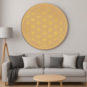Flower Of Life Sacred Geometry Art, Gold Wall Art, Round Wall Decor, Boho Decor, Zen Room Wall Art, Mandala Glass Art, Spiritual Wall Art