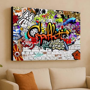 Arte mural con grafitis, arte callejero urbano, decoración de pared de hip hop, arte con pintura en aerosol, póster de pared moderno, arte pop, grafitis en pared de ladrillo, arte callejero