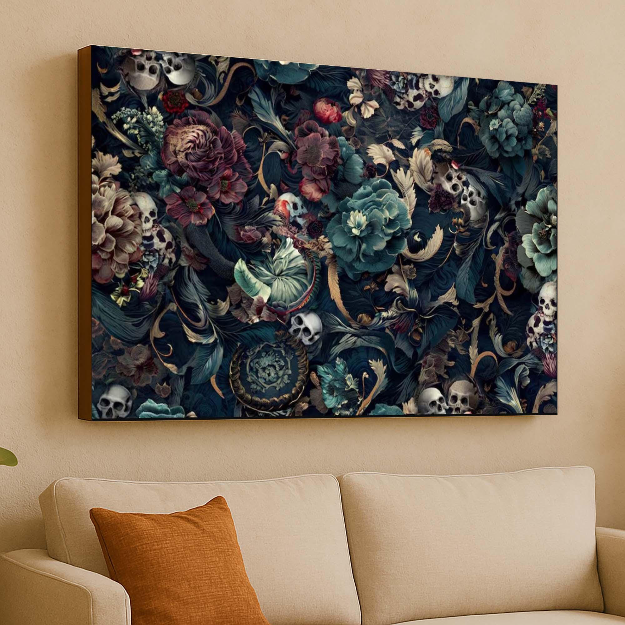 Gothic Floral Art, Skull Canvas Print, Dark Bloom Decor, Baroque Wall Art, Macabre Flower Art, Floral Gothic Poster, Moody Wall Print