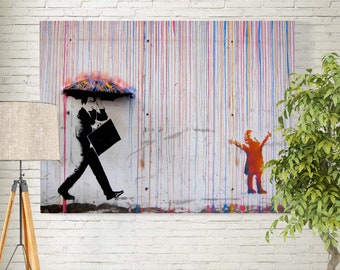 バンクシーの傘男のキャンバスアート：虹の雨と少女のグラフィティ