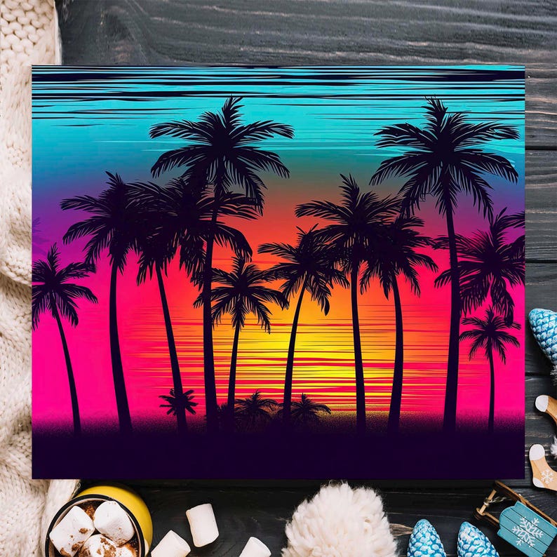 K&ouml;nnte beinhalten: Eine lebendige tropische Szene mit Palmen-Silhouetten vor einem farbenfrohen Sonnenuntergang. Der Himmel wechselt von Blau zu Rosa und Orange und bildet einen auff&auml;lligen Kontrast zu den dunklen Palmen. Das Kunstwerk weckt ein Gef&uuml;hl von W&auml;rme und Entspannung.