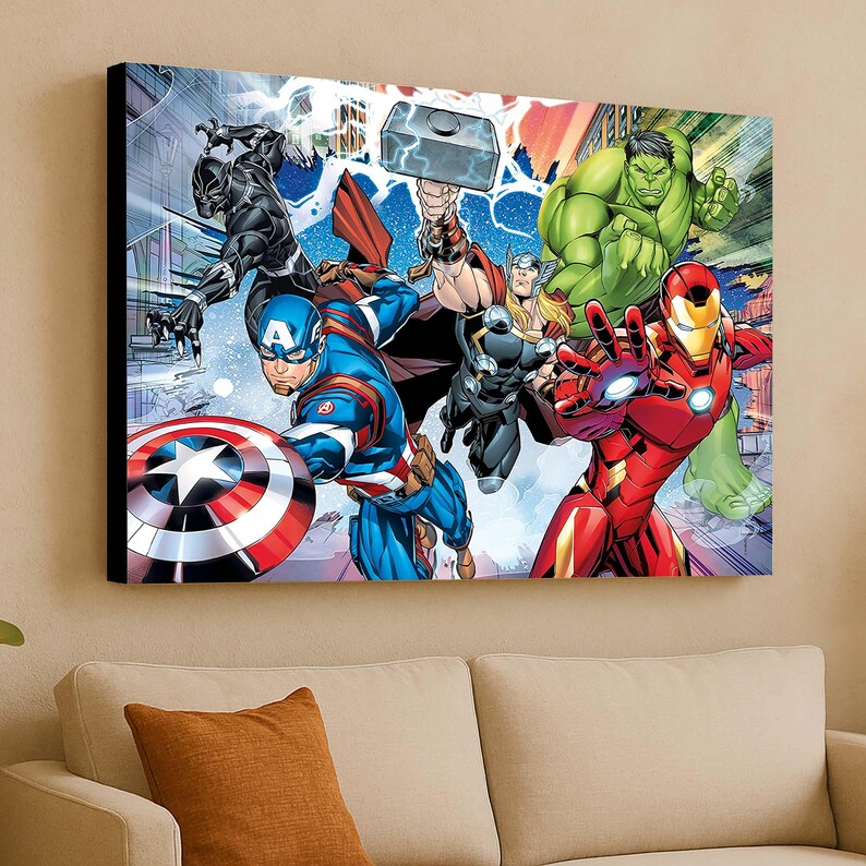 May include: A canvas print displaying a colourful comic book illustration of the Avengers. Captain America is in the foreground, holding his shield. Iron Man, Hulk, Thor, Black Panther, and other heroes are also depicted in action.