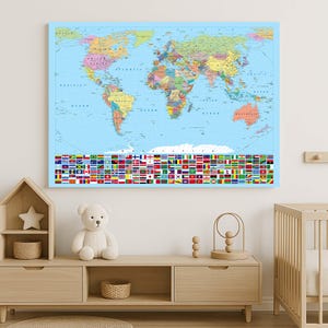 Toile carte du monde, carte drapeau, art mural éducatif, carte de chambre d'enfants, décoration géographie, art du monde coloré, art drapeaux de pays, carte de la classe