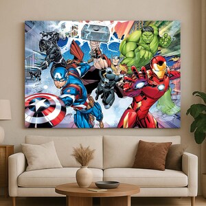 May include: A large canvas print depicting a comic book-style illustration of Marvel superheroes. Captain America, Iron Man, and the Hulk are prominent, alongside Thor, Black Panther, and others. The artwork is colourful and full of action, perfect for fans of the Marvel universe.