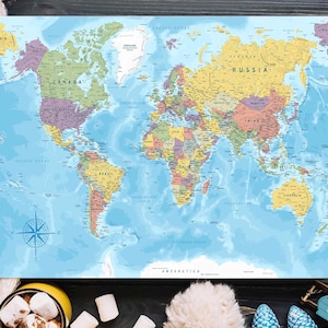Póster de mapa del mundo clásico sobre lienzo Mapa político global tradicional Países Continentes Arte de pared educativo Lienzo colgante