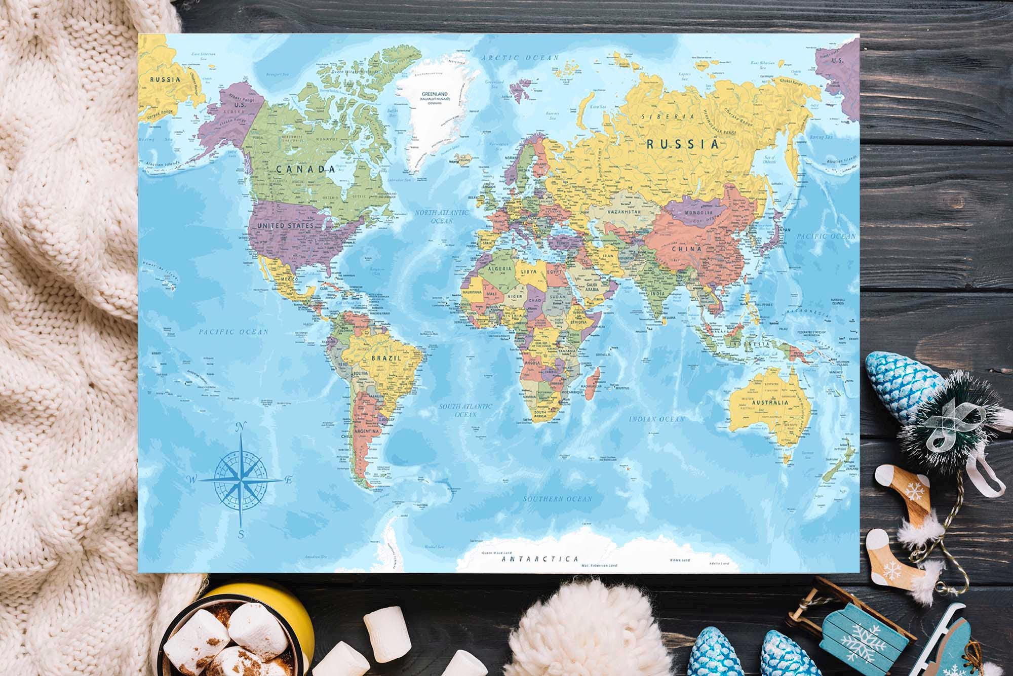 Classic World Map Poster on Canvas Traditional Political Global Map ...