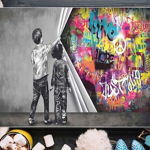 Banksy Hinter dem Vorhang Kunst, Moderne Street Art, Wohnzimmer Dekor, Urban Graffiti Leinwand, Wandkunst