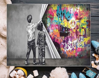 Banksy Behind the Curtain Canvas Wall Art, Modern Street Art, Living Room Decor, Urban Graffiti Canvas Print, Wall Art