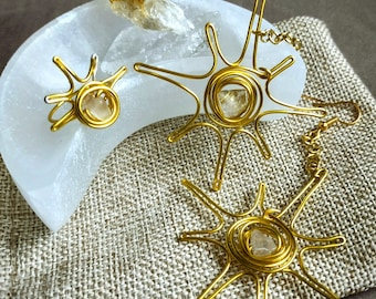 Wire Wrapped Citrine Sun Earrings, Citrine Earrings, Sun Earrings, Gold Sun Earrings, Summer Solstice Earrings, Whimsical Wire Sun Earrings