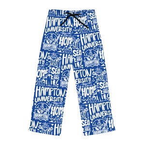 May include: Blue pajama pants with a white pattern featuring the text "Hampton University", anchors, and the phrase "the real sea". The pants have a black drawstring and are made of a soft material.