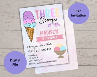 Ice Cream Birthday Invitation | Three Scoops of Fun (Digital Download)