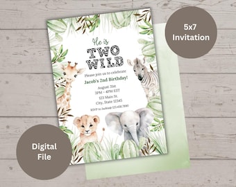 Two Wild Birthday Invitation | Jungle Animals 2nd Birthday (Digital File)