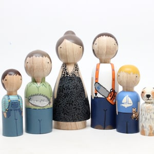 Custom Family Portrait of 6 Hand-Painted Wooden Dolls Peg Dolls Goose Grease Cake Toppers Wooden Cake Toppers Family Portrait image 1