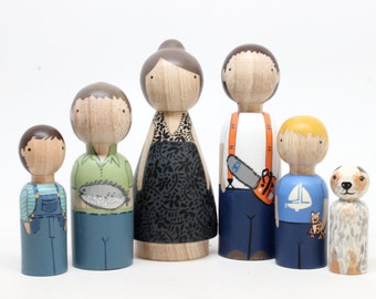 Custom Family Portrait of 6 Hand-Painted Wooden Dolls Peg Dolls Goose Grease Cake Toppers Wooden Cake Toppers Family Portrait