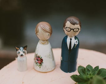 Custom Wedding Cake Toppers with Cat, Wooden Peg Dolls, Fair Trade, Goose Grease