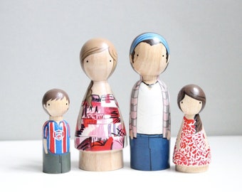 Custom Family of 4, Wooden Peg Dolls, Hand-Painted Cake Toppers, Family Portrait 5 Year Anniversary, Fair Trade, Goose Grease