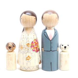 Personalized Wedding Cake Toppers Bride & Groom with Two Pets or Children, Wooden Peg Dolls, Goose Grease image 4