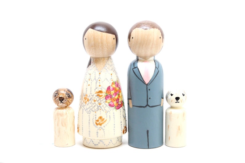 Personalized Wedding Cake Toppers Bride & Groom with Two Pets or Children, Wooden Peg Dolls, Goose Grease image 4