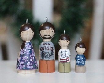 Custom Wooden Ornaments, Family Peg Doll Portraits, Fair Trade, Goose Grease