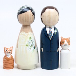 Personalized Wedding Cake Toppers Bride & Groom with Two Pets or Children, Wooden Peg Dolls, Goose Grease image 2