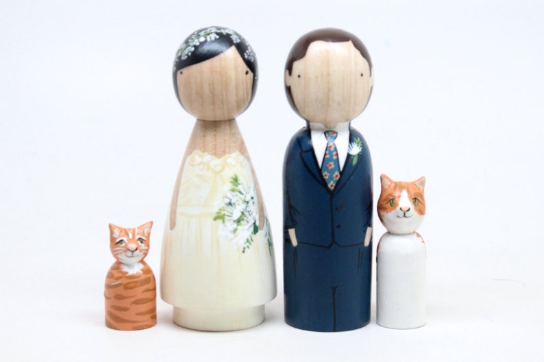 Personalized Wedding Cake Toppers Bride & Groom with Two Pets or Children, Wooden Peg Dolls, Goose Grease image 2