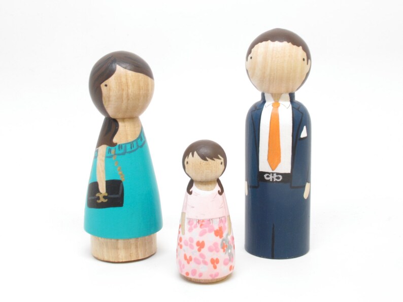 Personalized Custom Family Portrait of 3 // Anniversary Gifts Couple // Unique Family Portrait // Wooden Peg Dolls image 3