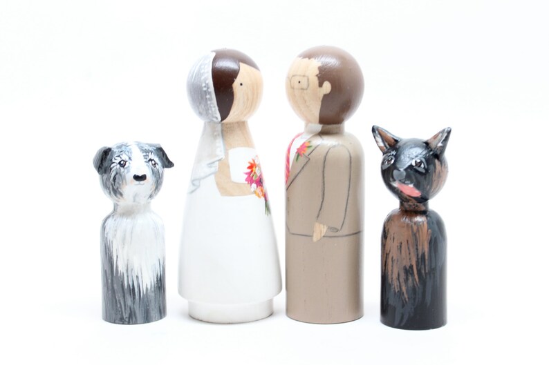 Personalized Wedding Cake Toppers Bride & Groom with Two Pets or Children, Wooden Peg Dolls, Goose Grease image 3