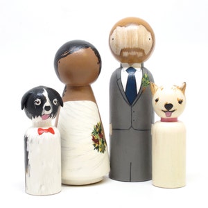 Personalized Wedding Cake Toppers Bride & Groom with Two Pets or Children, Wooden Peg Dolls, Goose Grease image 1