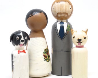 Personalized Wedding Cake Toppers Bride & Groom with Two Pets or Children, Wooden Peg Dolls, Goose Grease