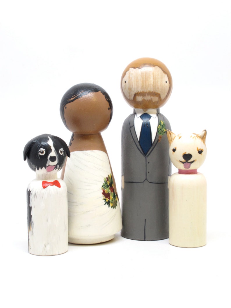 Personalized Wedding Cake Toppers Bride & Groom with Two Pets or Children, Wooden Peg Dolls, Goose Grease image 1
