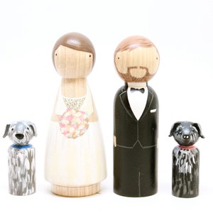 Personalized Wedding Cake Toppers Bride & Groom with Two Pets or Children, Wooden Peg Dolls, Goose Grease image 5