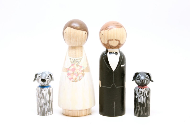 Personalized Wedding Cake Toppers Bride & Groom with Two Pets or Children, Wooden Peg Dolls, Goose Grease image 5