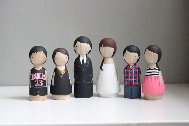 Custom Family Portrait of 6 Hand-Painted Wooden Dolls Peg Dolls Goose Grease Cake Toppers Wooden Cake Toppers Family Portrait image 2