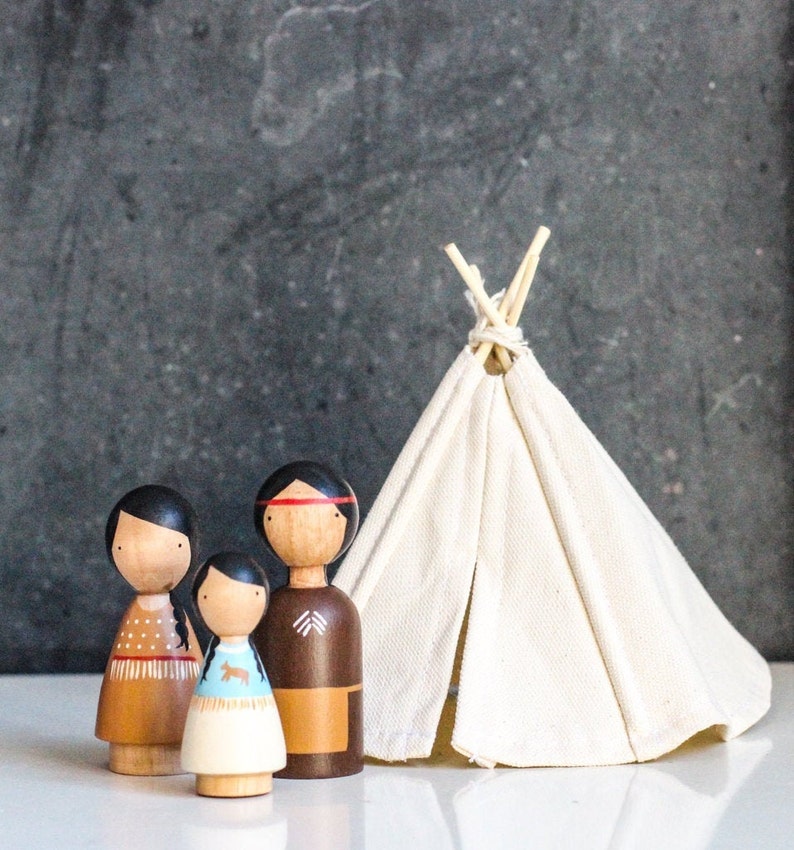 People of the Plains, Native American, Wooden Peg Dolls and Miniature Teepee, Historical, Fair Trade Toy, Goose Grease image 1