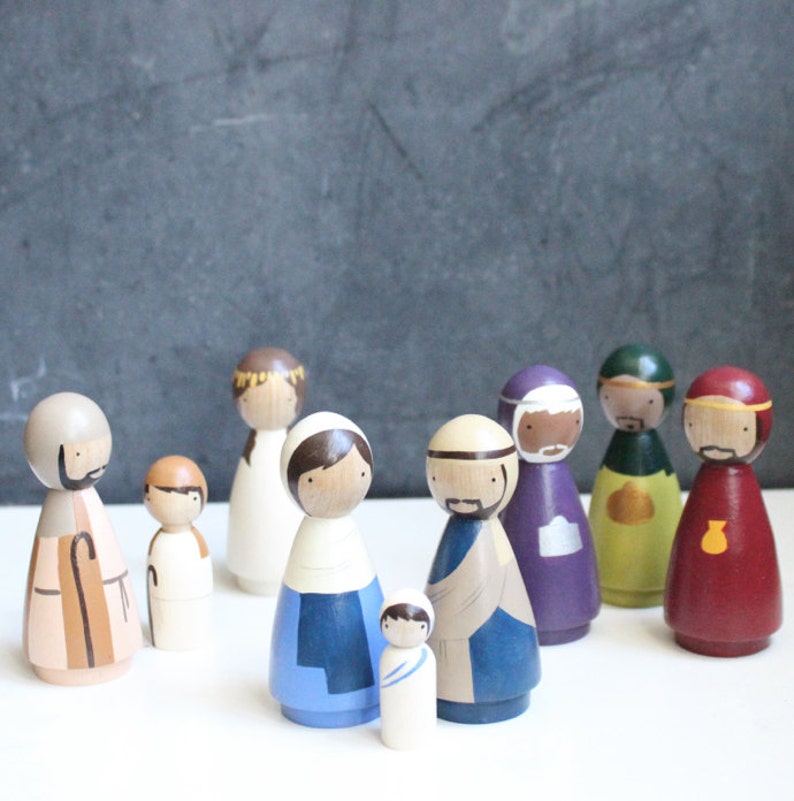 Nativity Scene, Wooden Peg Dolls, Fair Trade, Hand-Painted, Goose Grease image 1