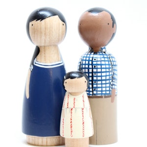 Personalized Custom Family Portrait of 3 // Anniversary Gifts Couple // Unique Family Portrait // Wooden Peg Dolls image 1